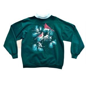 Vintage Birds Sweatshirt Size L Long Sleeve Cotton Cardinals Forest Green